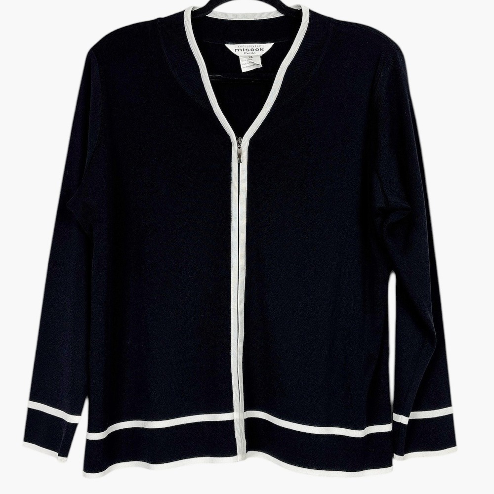 Misook Petite Zip Front Cardigan Sweater XL Black White Trim Classic Minimalist